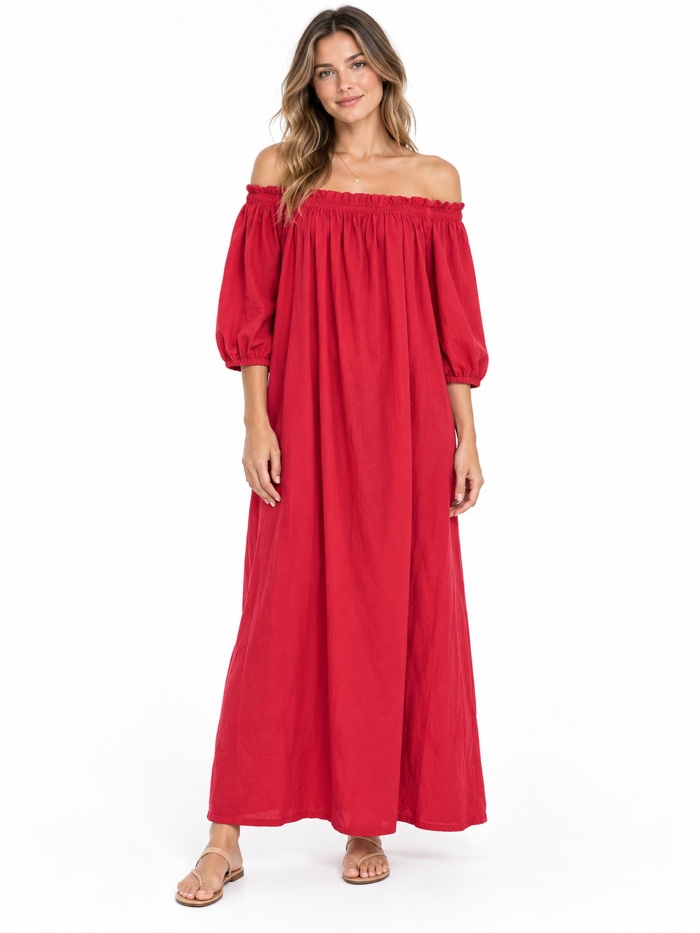 OShopLive Red Off Shoulder Maxi Dress Puff Sleeve NWT Women’s Large 100% Cotton